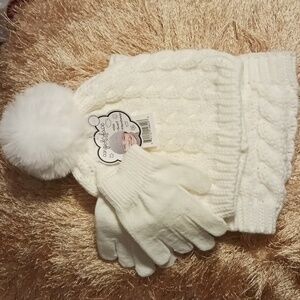 ANGEL FACE GIRL'S CABLE KNIT HAT WITH POM POM SCARF & GLOVES SET